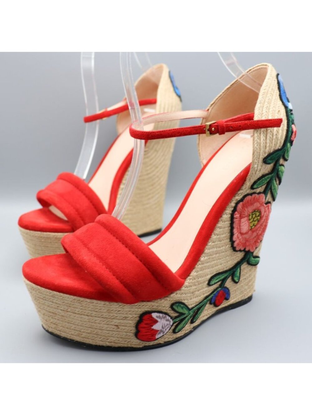 Gucci Ophelia Hibiscus Red Suede Floral Crewel Wedge Platform Espadrille 38 Box